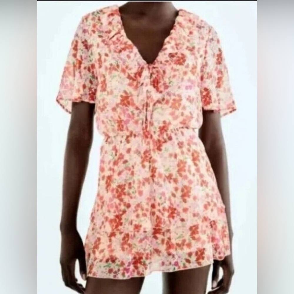 Zara Pink Mini Dress with Notched Collar and Tie Front